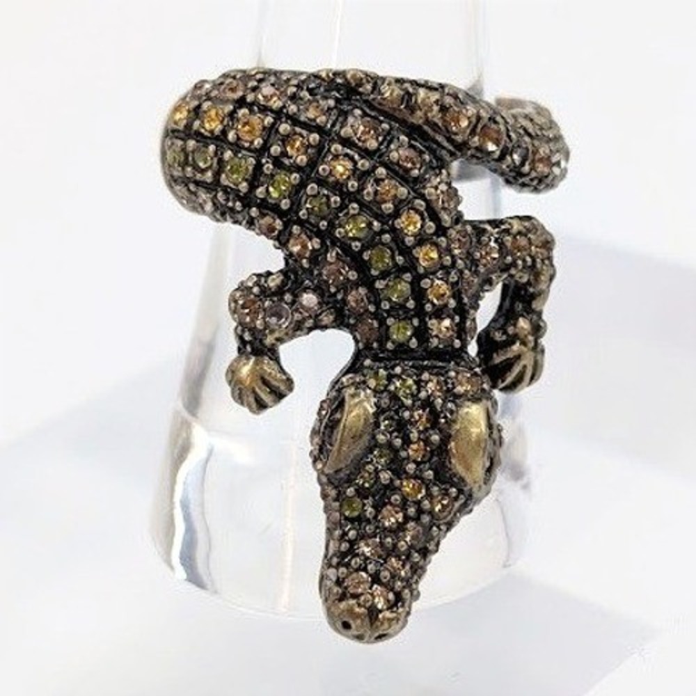 VTG Rhinestone Alligator Crocodile Wrap Ring Bronze Tone Pave 8.25 Statement